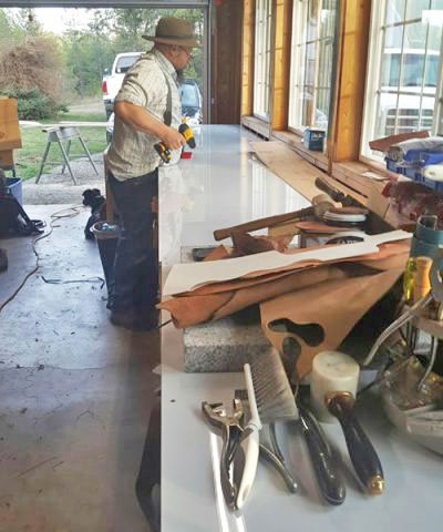 Clay Ensley working in saddle shop