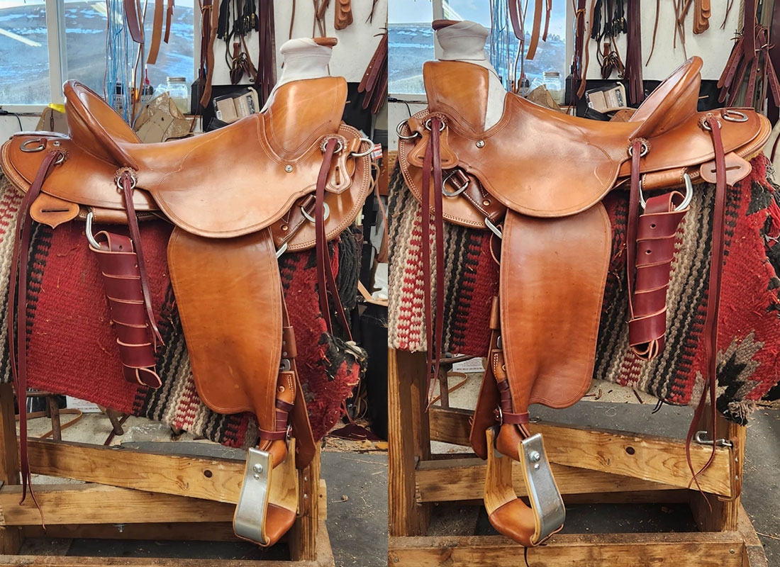 Standard mule saddle with rear latigos and latigo keepers installed.